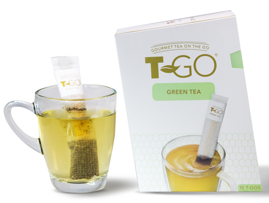 Green Tea bag in a cup with a TGO Green Tea Pack